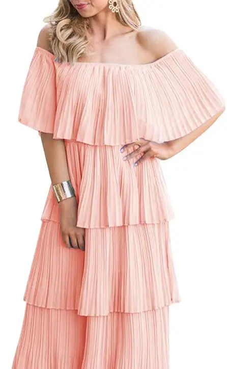ETCYY women’s off-the-shoulder maxi dress with ruffle details and a loose, flowing chiffon skirt.